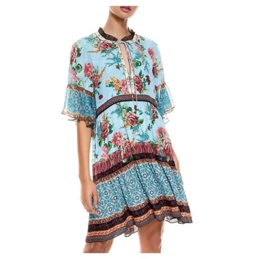 Alice + Olivia Blue Floral Boho Dress Size XS Ruffle Sleeve Tie Neck